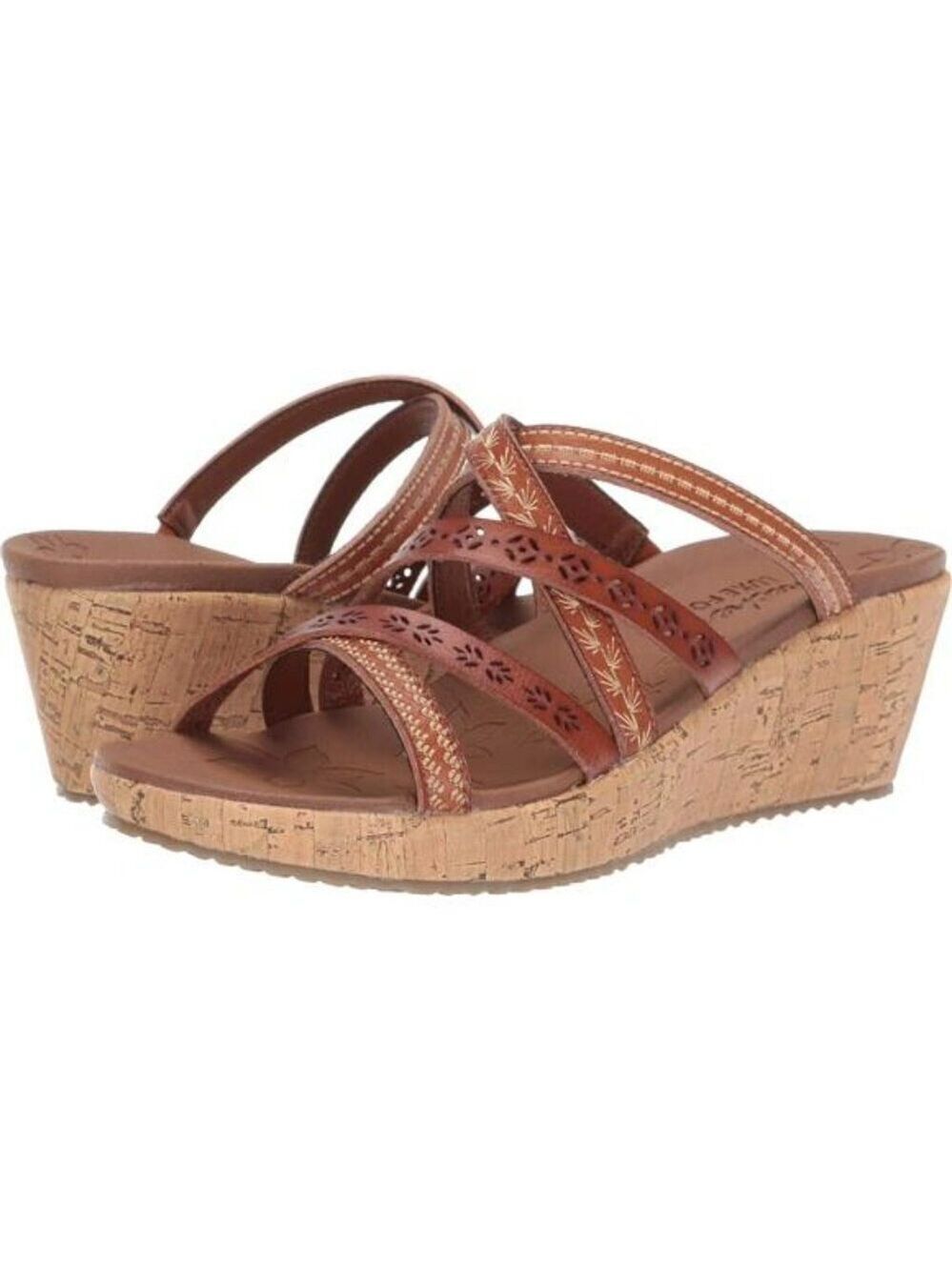Skechers Wedge Sandals Women Beverlee Cork Platform Strappy Slide Thong